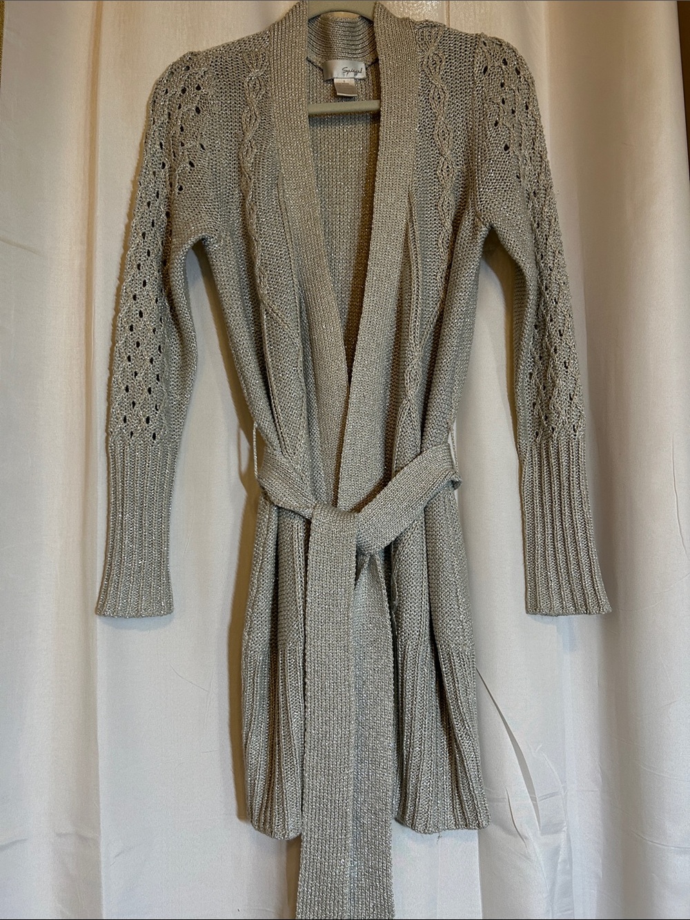 Spiegel Silver Metallic Open-Front Belted Cardigan